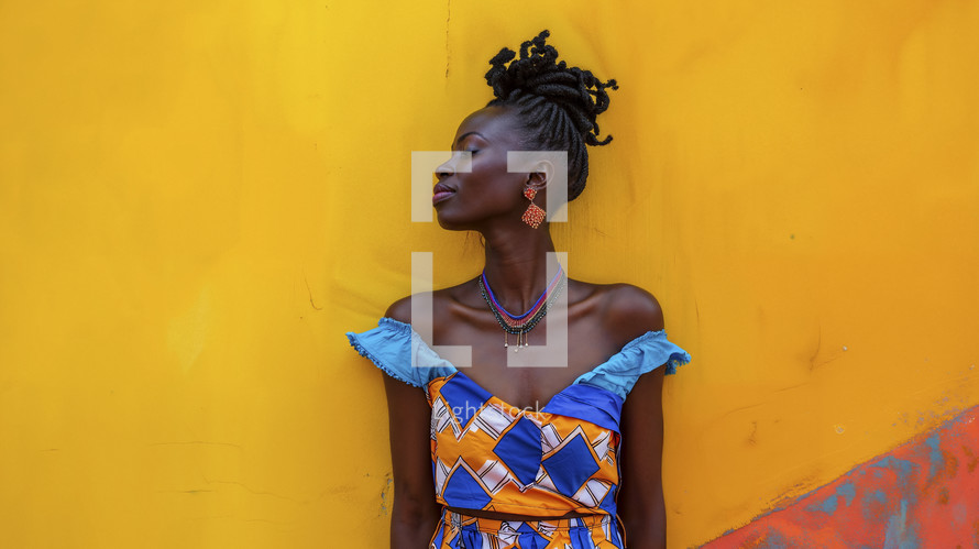 African woman in vibrant traditional dress against a bright yellow wall, her head tilted back, eyes closed, embodying grace and culture.