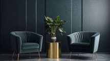 Luxurious interior with teal velvet armchairs and gold accent table, dark panel wall.