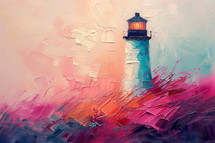 Impressionistic painting of a lighthouse overlooking dunes, with a soft, pastel color palette and bold brushstrokes.