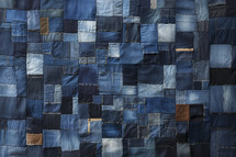 Contemporary wall art featuring a patchwork of various shades of blue denim, creating a textured minimalist pattern.