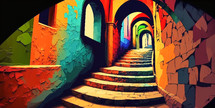 Abstract painting concept. Colorful art of stairs in a building.