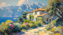 Vibrant Impressionist painting of a picturesque cottage surrounded by lush gardens overlooking the sea, basking in the Mediterranean sun.