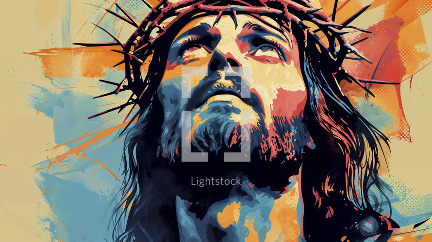 A poignant and colorful portrait of Jesus with a crown of thorns, depicted in a modern, abstract art style.
