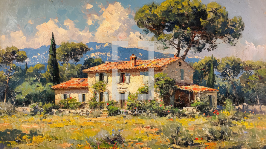 Traditional Provencal house nestled in a sun-drenched landscape, with vibrant wildflowers and towering trees against a backdrop of distant mountains.
