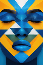 Vibrant festival poster with a geometric, stylized face painted in bold blue, yellow, and white patterns. Perfect for promoting music festivals, cultural events, and artistic gatherings.