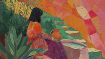 Stylized illustration of the Samaritan woman at the well, featuring vibrant, abstract colors and a modern artistic twist.