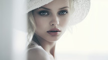 Portrait of beautiful young woman with hat looking in camera.