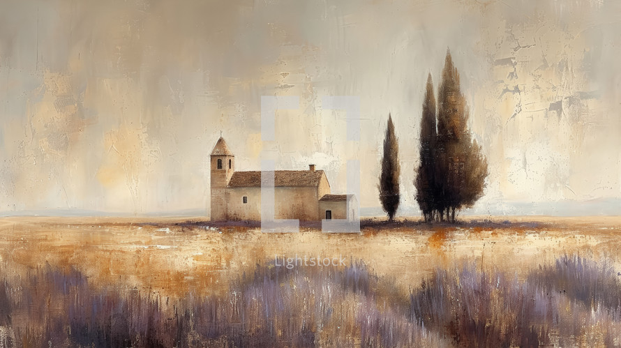 Ethereal landscape painting depicting a solitary church amidst a sea of lavender fields under a soft, expansive sky.