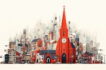 Cityscape with red church in the center. 3D illustration.