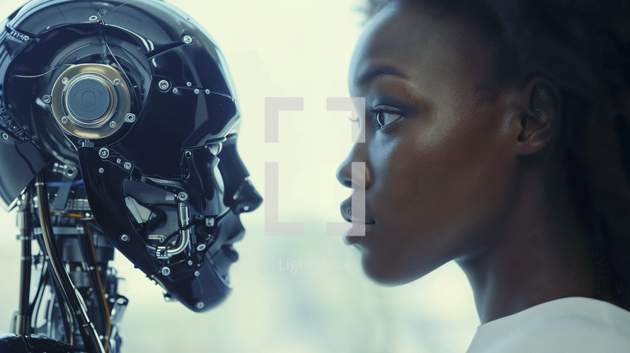 Striking profile of a young African woman facing a highly detailed robotic head, symbolizing the intersection of humanity and artificial intelligence.