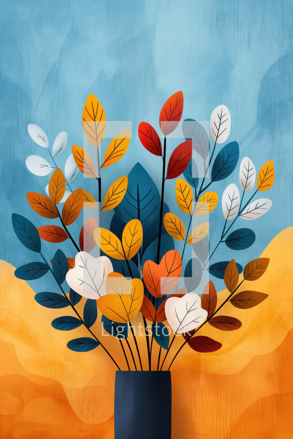 Charming autumn event poster featuring a vase with colorful leaves in shades of orange, yellow, red, and blue, set against a textured blue background.