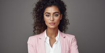 Confident professional woman with curly hair in a pink blazer and glasses against a grey backdrop.