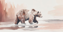 Imposing brown bear captured mid-stride in a serene wilderness scene, rendered in a modern impressionistic style with pastel hues.