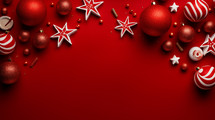 Red Christmas background with ornaments and decor. 