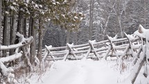 falling snow on a fence line 