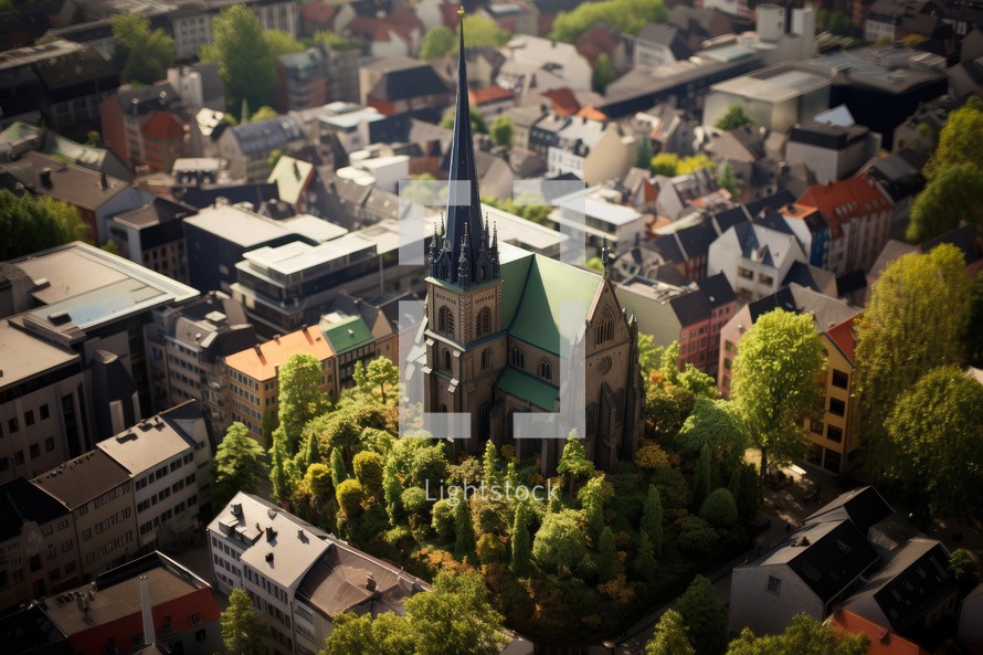 Aerial view of a church in the center of the city. Ecology. Prospective