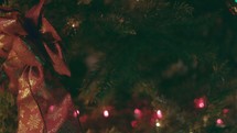 Christmas Tree Shoot - Woman hangs Christmas bulb on tree.
