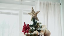 Golden/sparkly Star on a Christmas tree with a bright red flower and golden balls as decorations.