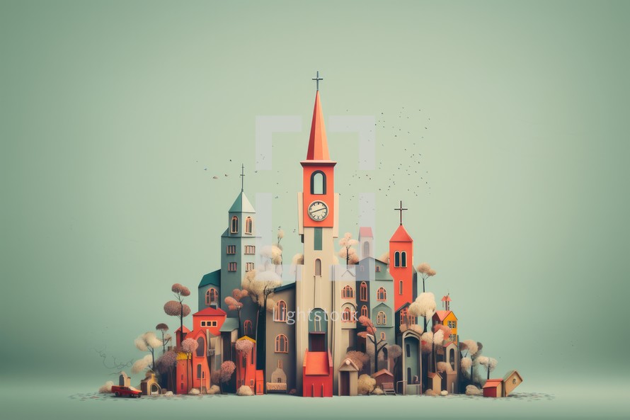 Fantasy town with Church and houses. 3D illustration.