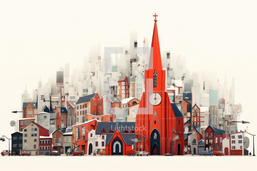 Cityscape with red church in the center. 3D illustration.