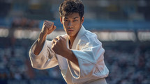 Intense judo athlete ready for combat at the Olympics.