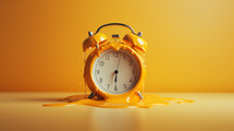 Melting clock on yellow background. Running out of time. 