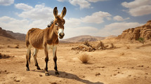 Donkey standing in the desert. Balaam's Donkey.