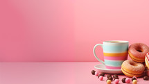 Coffee and donuts and candy on a pink background