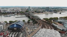 Aerial footage of the Hohenzollern Bridge, Cologne, Germany.