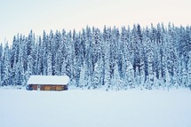 A small log house in a snow covered landscape of meadow and trees.