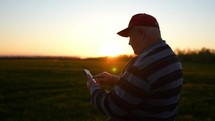 Farmer in wheat field uses mobile phone. Sunlight and glare at sunset. Agricultural technology for businessman. Man working in nature. Natural products for healthy diet. Crop is grown in rural areas.