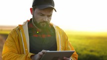 Handsome man with a beard with a digital tablet in the field. Modern technology application in agricultural growing activity. Agronomist with tablet in green field. Worker works on agriculture.