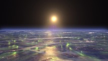 Futuristic View of Earth's horizon from Space with Storms and the Rising Sun	