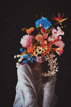 woman with head of flowers 
