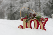 Joy ornament in snow 