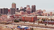 Skyscraper buildings in downtown Saint Louis, Missouri during sunrise.