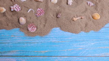 Seashells on the sand on a blue background. Summer vacation, beach, relaxation, sea, ocean, travel concept. Dolly shot