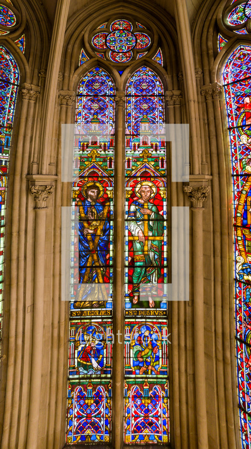 Saints on stained glass in Montpellier church