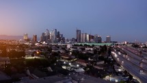 Cinematic Los Angeles Downtown Aerial. Nighttime Aerial Shot of Downtown Los Angeles. 