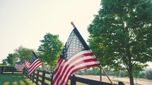 American flags along a fence line 