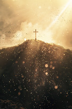 Cross on a hill with a bright light shining down