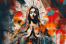 Mother Mary on abstract grunge background with splashes and blots