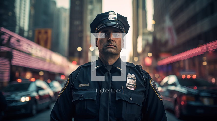 Portrait of a male smiling police officer in urban background.