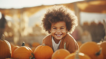 Portrait of young joyful girl having fun in autumn pumpkin patch.
