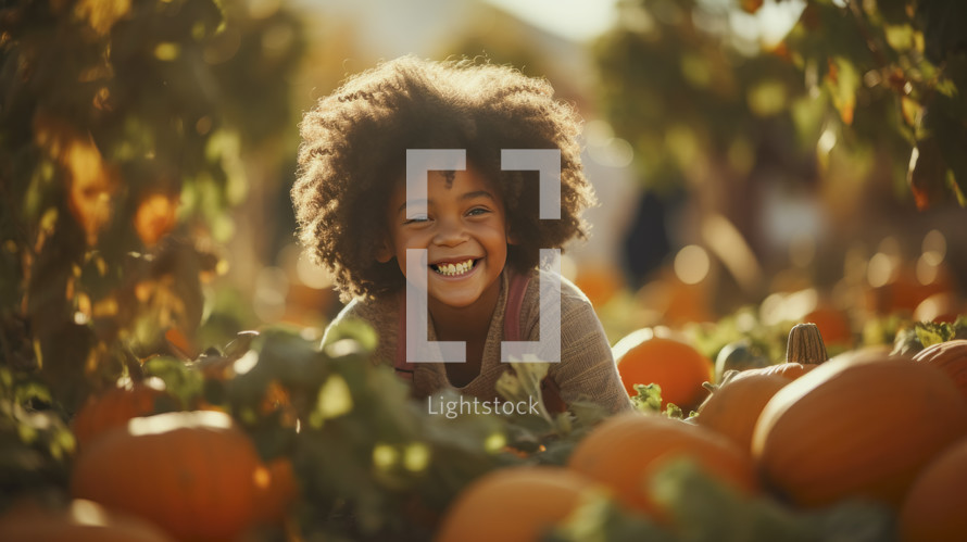 Portrait of young joyful girl having fun in autumn pumpkin patch.