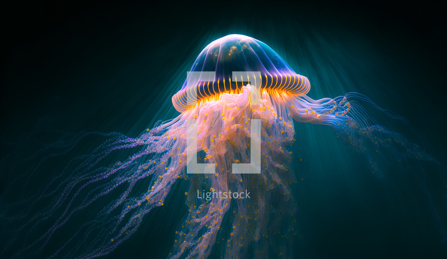 Colorful AI painting of a glowing jellyfish in the depths of the sea.