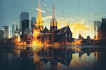 Cityscape with a Church. Double exposure