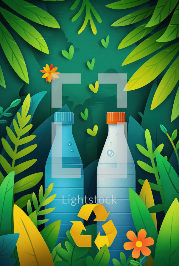 Illustration of plastic bottles with recycling symbol surrounded by lush green foliage and flowers. Ideal for promoting recycling, environmental awareness, and sustainability.