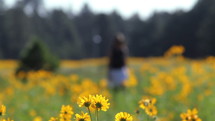 A woman walking through a field of flowers on a summer day