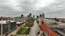 Aerial view of downtown St. Louis starting at Union Station on a cloudy/overcast day.